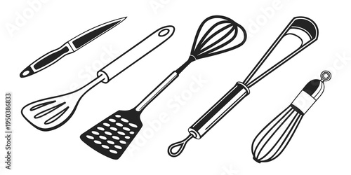 A variety of kitchen utensils including whisks and spatulas for cooking and baking