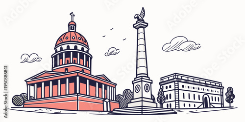 A picturesque illustration of a historic cityscape featuring a prominent clock tower