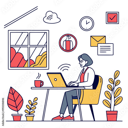 Productive woman working from home on laptop with coffee and houseplants in a comfortable modern workspace illustration with remote work with home office with online work