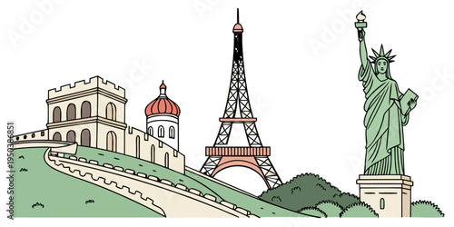 Iconic landmarks from around the world illustrated in a whimsical style