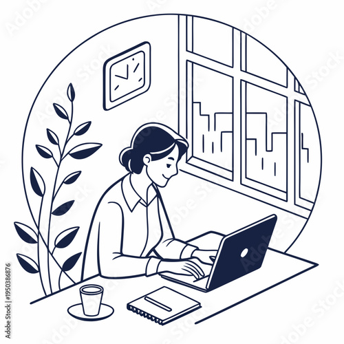 Focused businesswoman working remotely on laptop at desk in office with city view, home office productivity concept, coffee cup, work from home, remote work