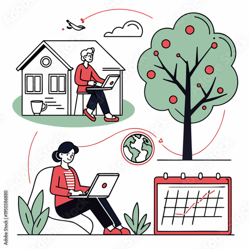 Flexible remote work from home and anywhere lifestyle with people working on laptops connected globally and managing schedules with online work with home office