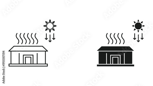 Sun Heating House Icon: Solar Radiation and Heat Radiation