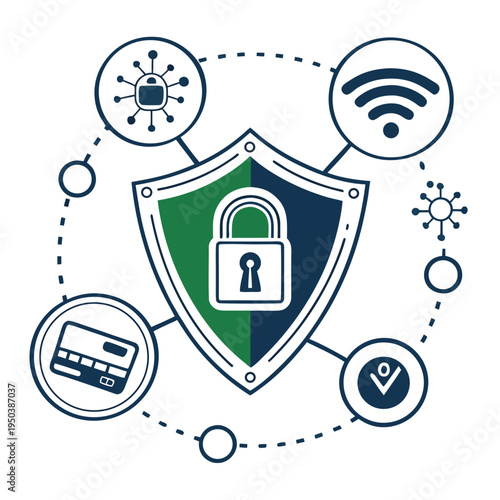 Comprehensive cyber security network protection - digital safety system with padlock shield & data privacy icons with wifi icon with credit card with location pin