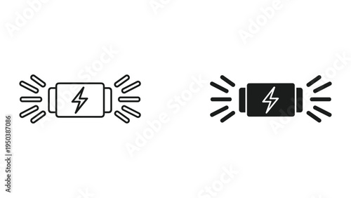 Power Source Icon: Energy Bolt in Cylinder with Radiant Lines - Line Art and Solid Fill