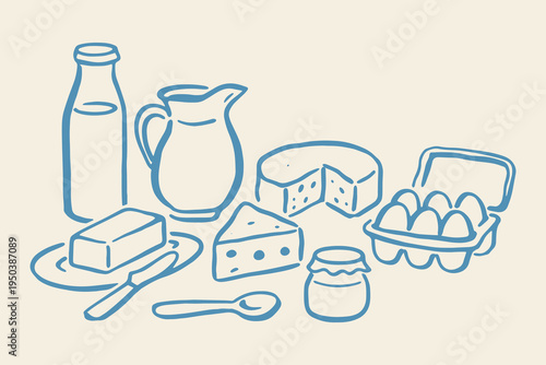 Dairy food set outline sketch vector illustration