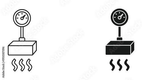 Pressure gauge over hot object icon line and silhouette, concept of heat, measurement, industrial tool