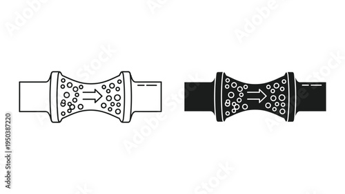Flow Metering Orifice Plate Icon: Line and Silhouette with Bubbles and Arrow
