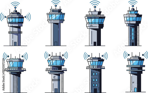 Vector illustration of air traffic control towers with signal waves for aviation, communication, and airport management artwork