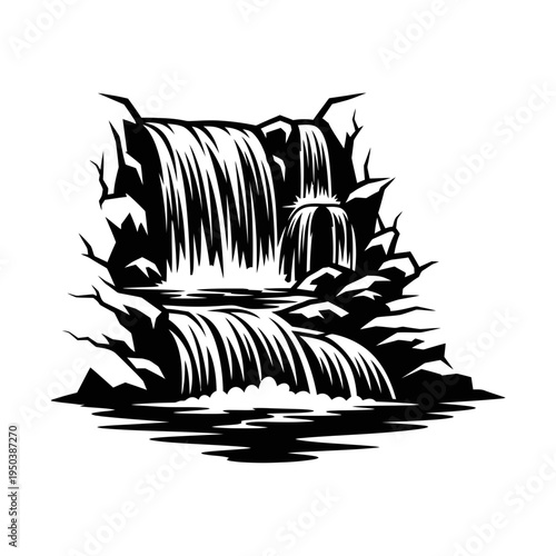 Nautical vector illustration of a black and white pirate ship sailing on ocean waves with a sun symbol and stylized leaf design elements