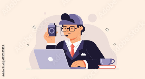 Businessman with camera and laptop, drinking coffee
