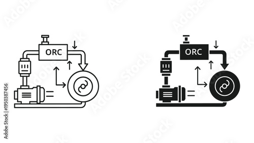 Organic Rankine Cycle (ORC) system diagram, heat engine schematic with pump and turbine for energy generation