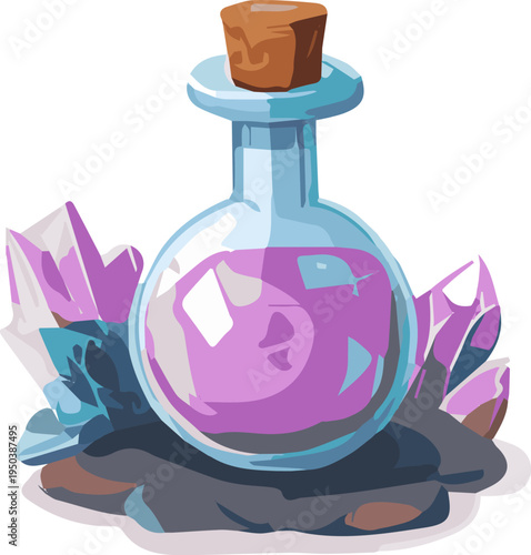 Magic crystal potion in a glass bottle with stone base, fantasy game icon illustration
