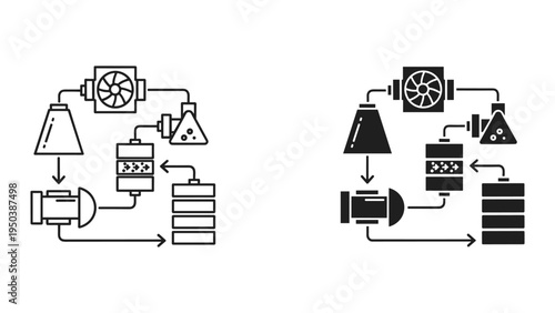Industrial Process Flow Diagram Icon Set: Chemical Plant, Manufacturing, Science Lab