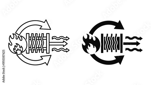 Heat exchanger icon with flame, fins, and outgoing heat waves in line art and solid fill