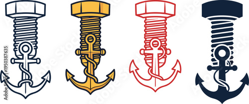 Vector illustration of anchors wrapped around bolts with rope in nautical and industrial designs for maritime artwork