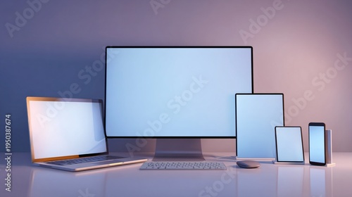 Multiple electronic devices with blank screens on a desk