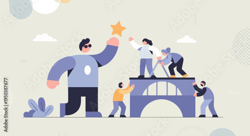 Teamwork and achievement, reaching for a golden star together