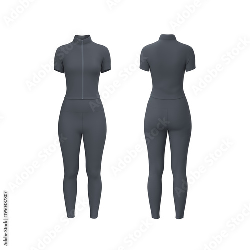 Women’s Zip Tracktop and Leggings Set Mockup. Front, Side, Back View	