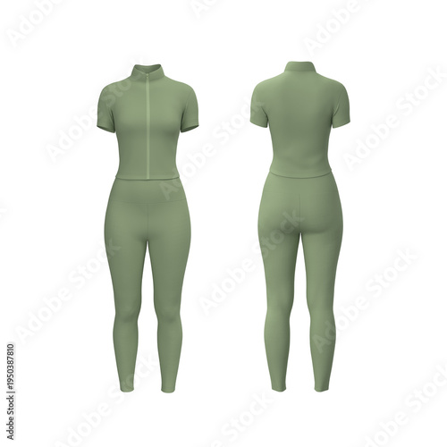 Women’s Zip Tracktop and Leggings Set Mockup. Front, Side, Back View	