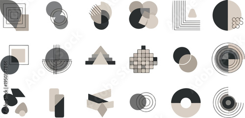Abstract geometric shapes in muted colors, arranged in a grid