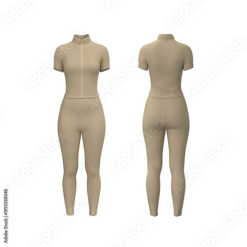 Women’s Zip Tracktop and Leggings Set Mockup. Front, Side, Back View	