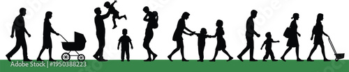 Family life cycle silhouettes showing parents and children walking, playing and growing together isolated on white background, family development stages vector illustration