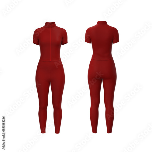 Women’s Zip Tracktop and Leggings Set Mockup. Front, Side, Back View	