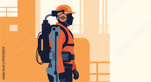 A modern industrial worker wearing a hard hat, safety vest, and innovative backpack equipment, symbolizing progress and future technology in the workplace.