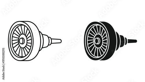 Set of two icons, line art and solid black, of a car wheel rim and tire, vector