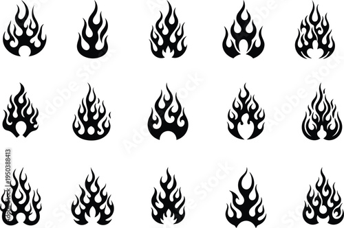 Collection of 15 unique flame silhouettes in black