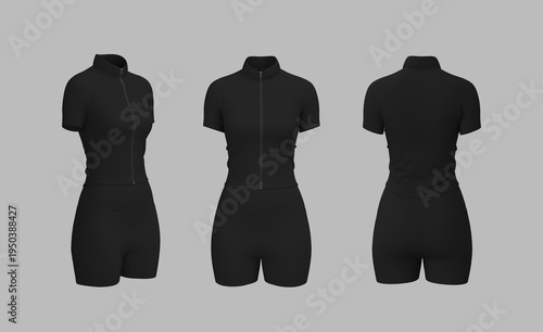 Women’s Zip Tracktop and Shorts Set Mockup. Front, Side, Back View	