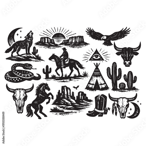 Western Boho Linocut Vector Set – Texas Desert Engraving Collection