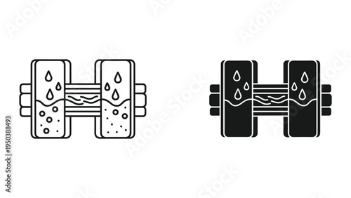 Water purification filter icon, two variants: line art and solid silhouette