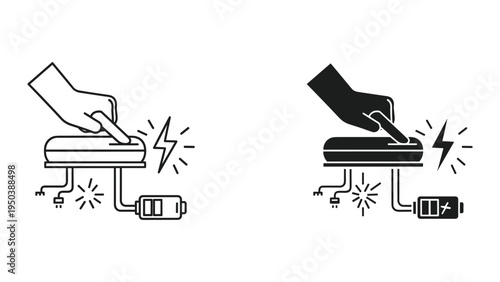 Hand Pushing Button to Charge Battery with Electricity Symbol and Spark Icons - Icon Set