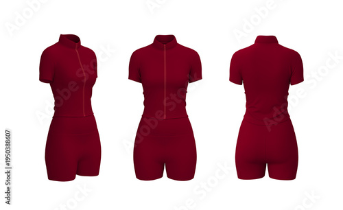 Women’s Zip Tracktop and Shorts Set Mockup. Front, Side, Back View	