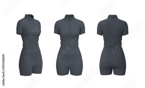 Women’s Zip Tracktop and Shorts Set Mockup. Front, Side, Back View	