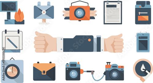 Collection of flat design icons desk, mail, cameras, document, device, clock, bag