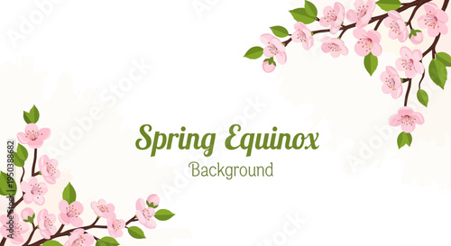 A colorful illustration of blooming pink flowers and green leaves on branches for a Spring Equinox background with a floral decoration