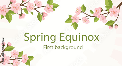 A colorful spring equinox background illustration featuring blooming pink flowers and green leaves on a white background with a floral decoration theme