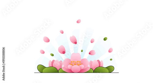 A colorful illustration of blooming pink flowers and green leaves on a white background, symbolizing the March Equinox and spring season with a floral decoration
