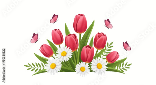 Colorful illustration of blooming tulips, daisies, and butterflies on a white background, symbolizing spring and nature's beauty