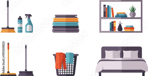 A domestic scene showing cleaning supplies, folded linens, a bookshelf, and a bed