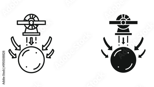 Icon of a device applying pressure or impact to a spherical object with arrows indicating force and deflection