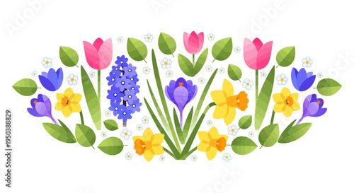 Colorful floral illustration featuring tulips, hyacinths, and daffodils, symbolizing the March Equinox and spring season with a vibrant, natural background