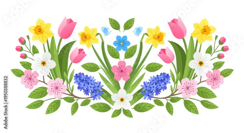 Colorful floral illustration featuring blooming flowers, including tulips and daffodils, for spring season decoration and business use