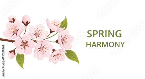 A colorful illustration of blooming pink flowers and green leaves on a branch with the text 'SPRING HARMONY' on a white background, symbolizing the spring equinox and new season