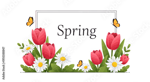 A colorful spring season nature background illustration featuring blooming flowers, tulips, and butterflies, symbolizing the March Equinox or First Day of Spring with a floral decoration