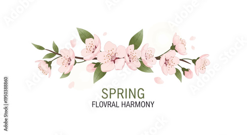 Vector illustration of pink flowers and green leaves on a white background with the words 'SPRING FLOWRAL HARMONY' in a colorful spring season nature background decoration