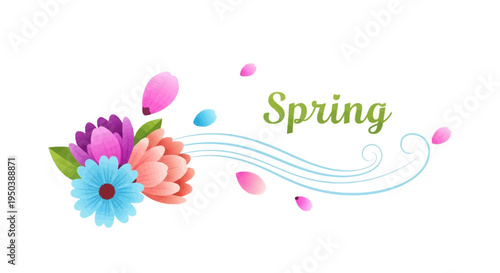 Colorful illustration of blooming flowers and petals with the word 'Spring' on a white background, symbolizing the March Equinox and new season
